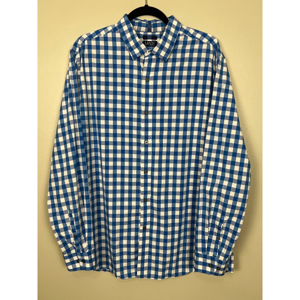 MADE Cam Newton Mens XL Blue White Gingham Modern Fit Non-Iron Cotton‎ Shirt